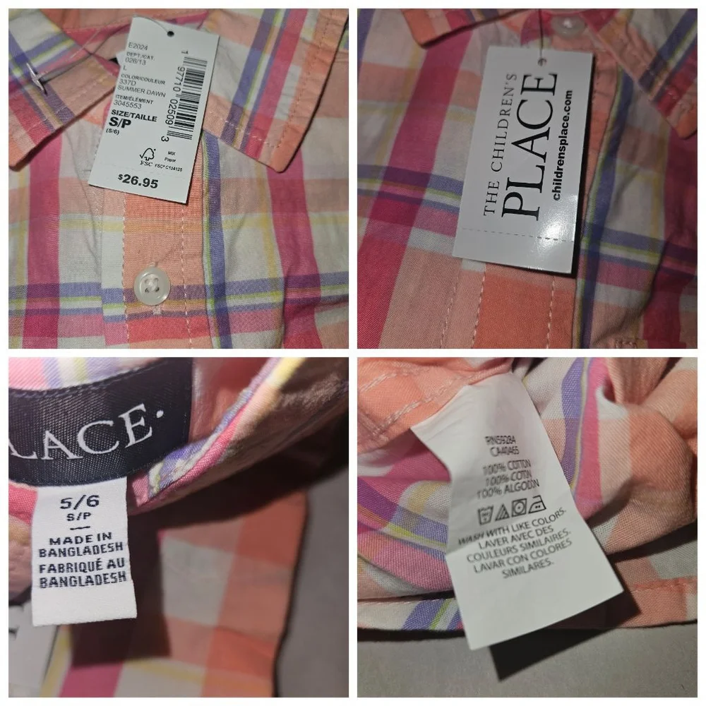 The Children's Place Plaid Button Down Short Sleeve Shirt Boy's Size 5/6 NEW